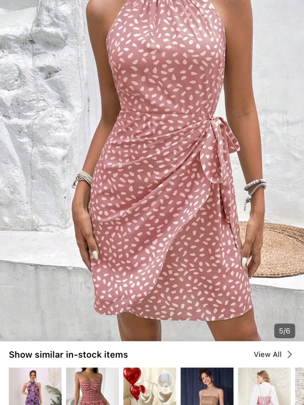 SHEIN Pink Halter Wrap Mini Dress with White Dot Print